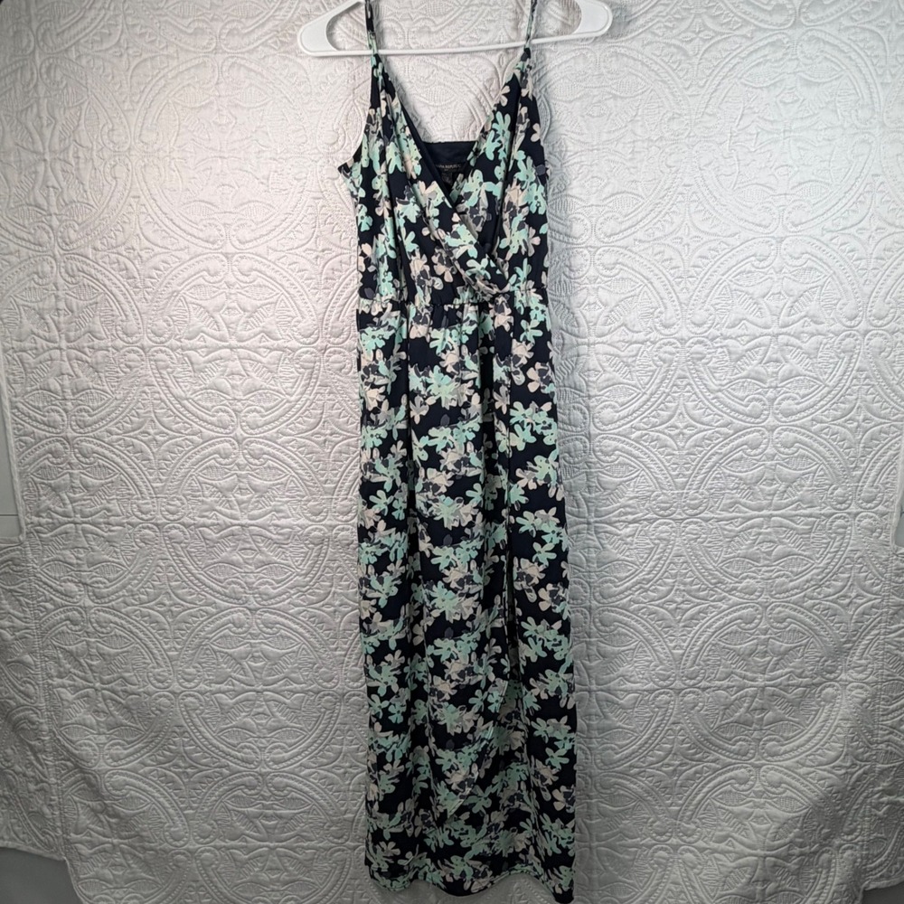 Banana Republic Floral Maxi Dress Navy Mint Green Petite 2 Faux Wrap V-Neck Snap